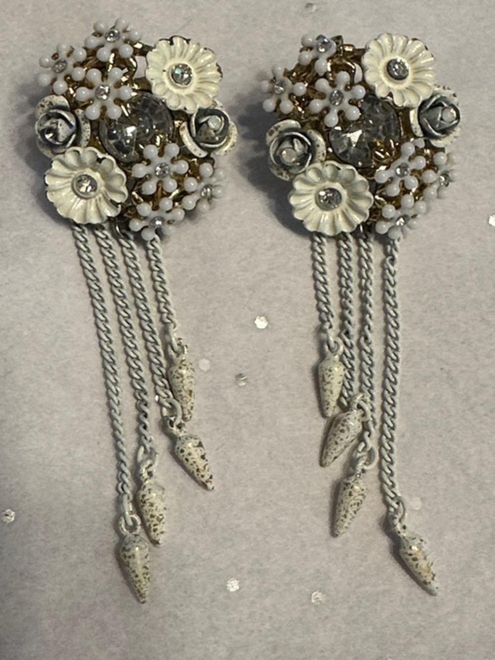Betsey Johnson Cream, Gold and Silver Floral Tassel Drop Earrings